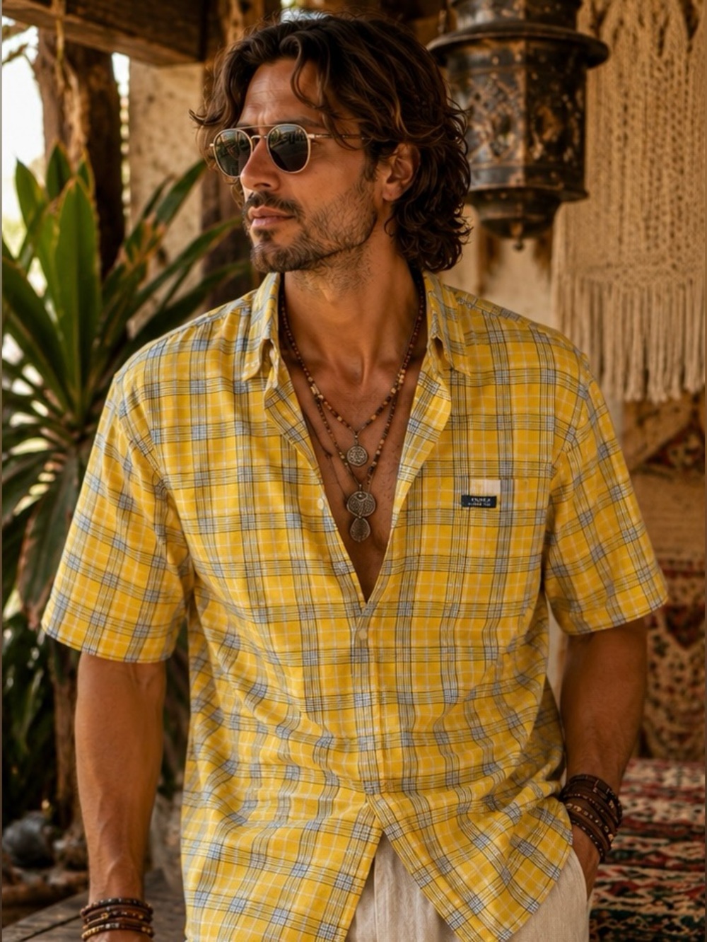 Chaps Yellow and White Plaid‎ Short-Sleeve Button-Down Shirt Medium